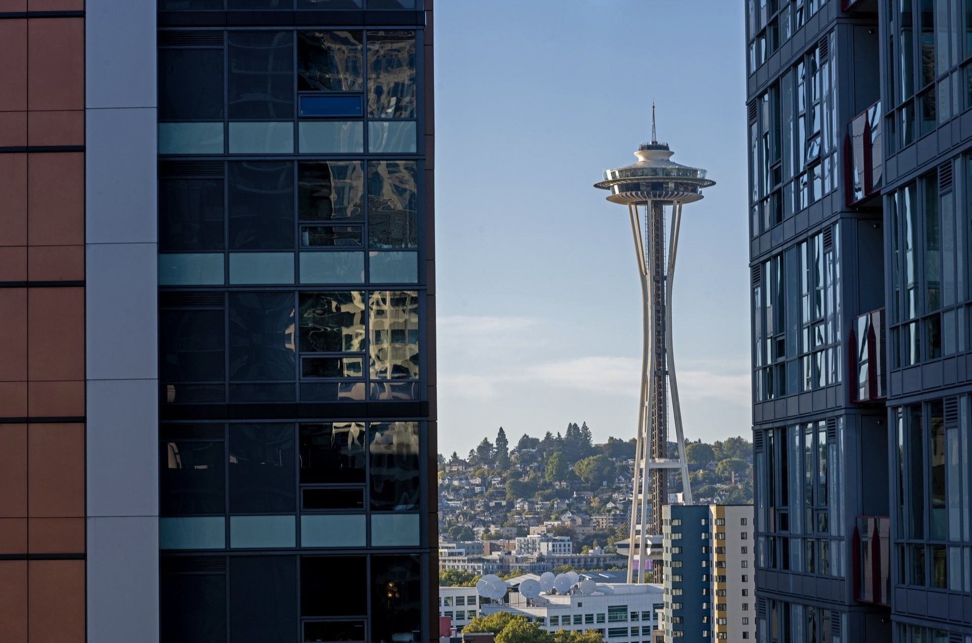 View of the Space Needle by high-rise city buildings under a blue sky in Premier Room  at Warwick Seattle