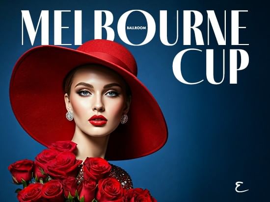 Lady with red hat and roses with Melbourne Cup in text