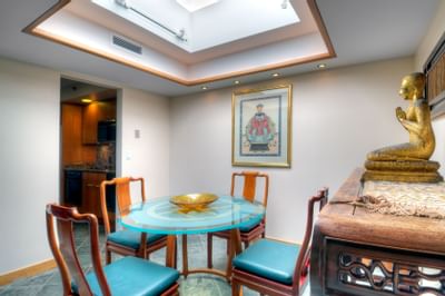 blue dining tables with artwork