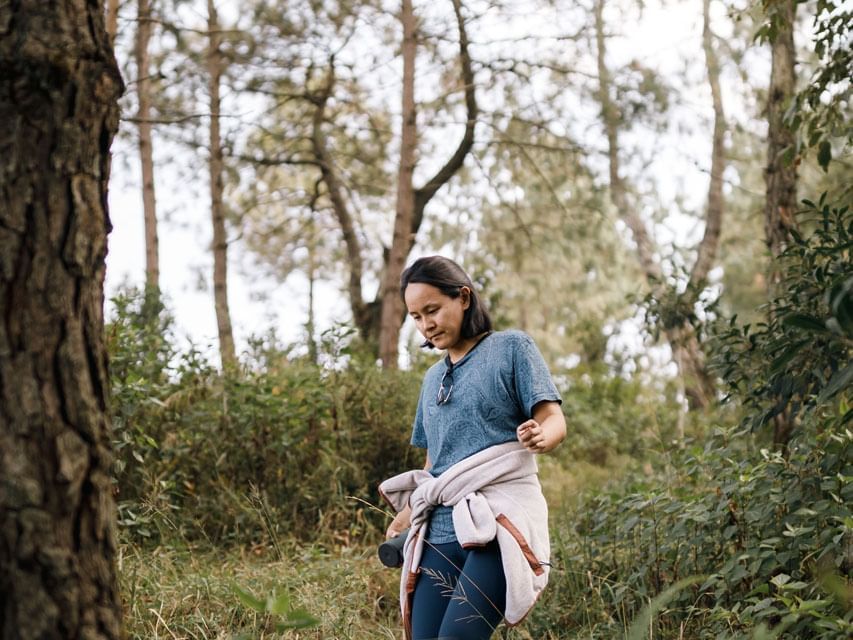 Women hiking in the forest with a jacket tied around the waist near The Terraces Resort & Spa