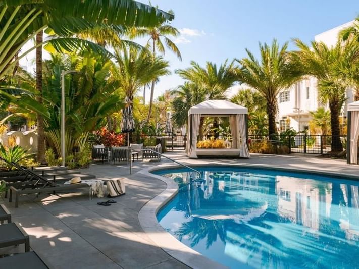Outdoor pool with lounge chairs, palm trees, and a white canopy, surrounded by tropical plants and buildings.