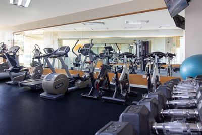 Foto del gimnasio del hotel con diversas máquinas de ejercicio, pesas y una pelota de fitness, todo frente a un gran espejo en el Sunset Plaza Beach Resort