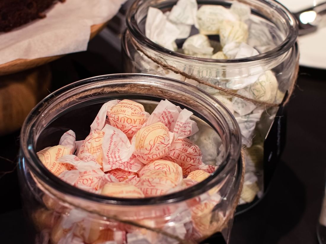 Close-up of toffees in jars at The Hotel Brussels