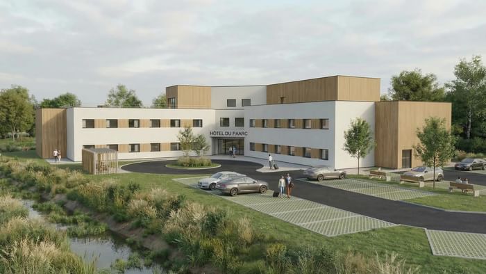 3D render of The Originals City Hotel du Parc Gravelines with parked cars and people walking.