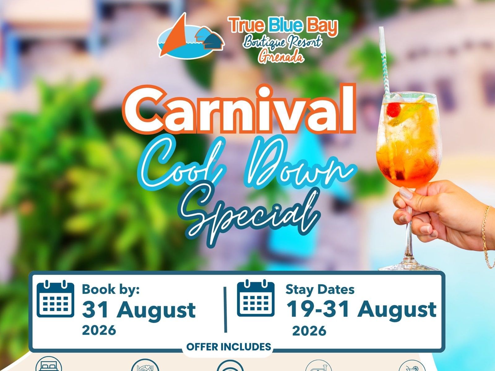 Hand holding a colorful tropical cocktail with promotional text for Carnival Cool Down Special vacation package offer.
