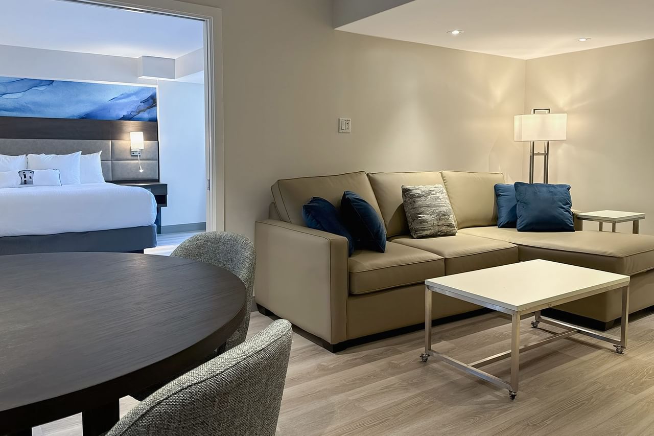 Hotel guestroom with a sofa