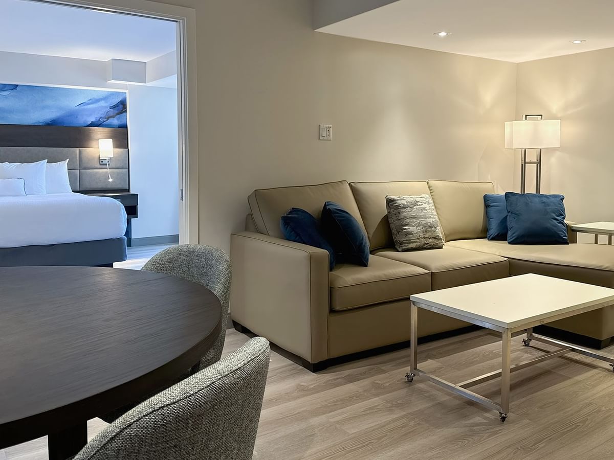 Hotel guestroom with a sofa