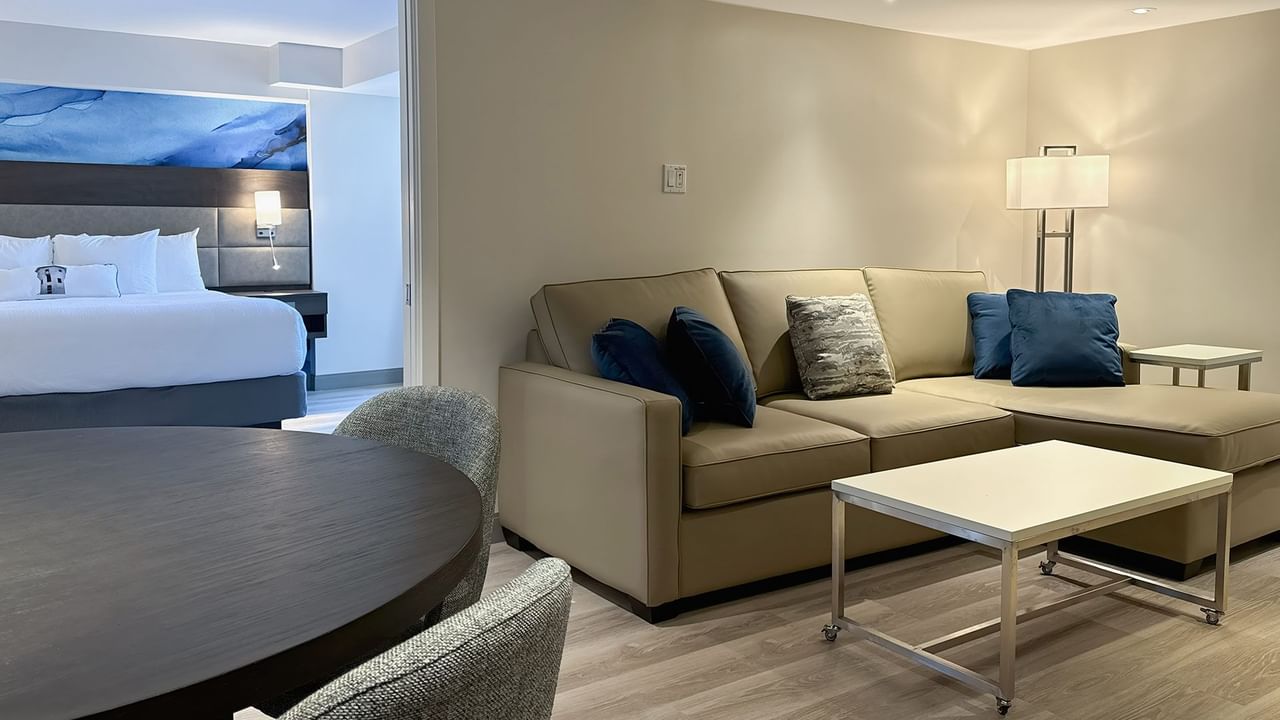 Hotel guestroom with a sofa