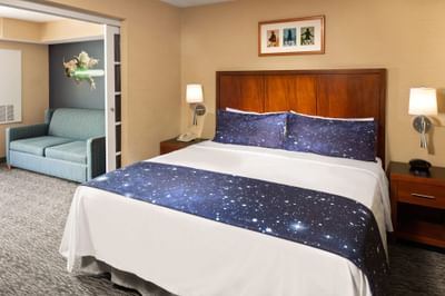 Star Wars themed bed in Galaxy Suite at Anaheim Portofino Inn, a Disneyland area hotel with renovated family suites