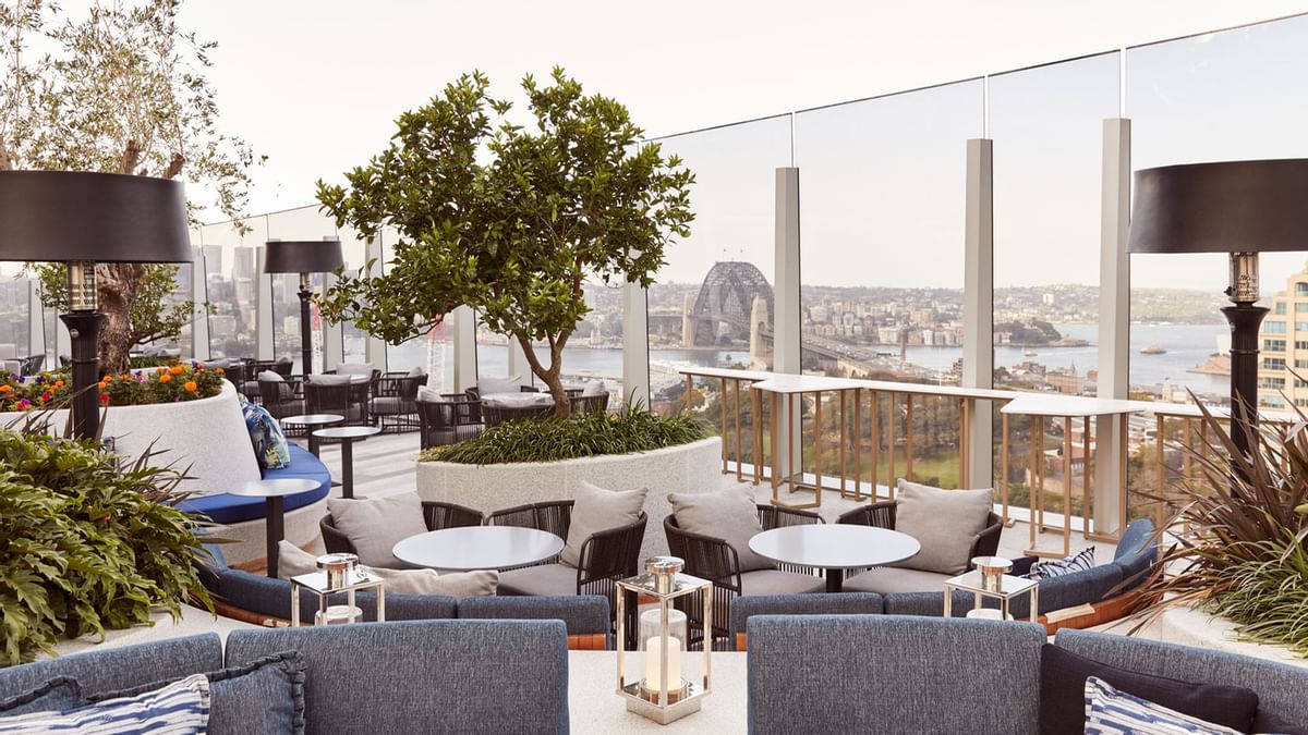 Rooftop lounge area in CIRQ terrace at Crown Towers Sydney