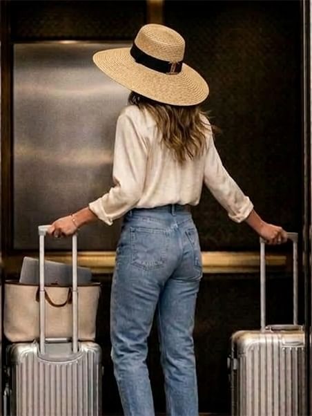 Femme avec chapeau de paille et valises argentées entrant dans un ascenseur d'hôtel élégant
