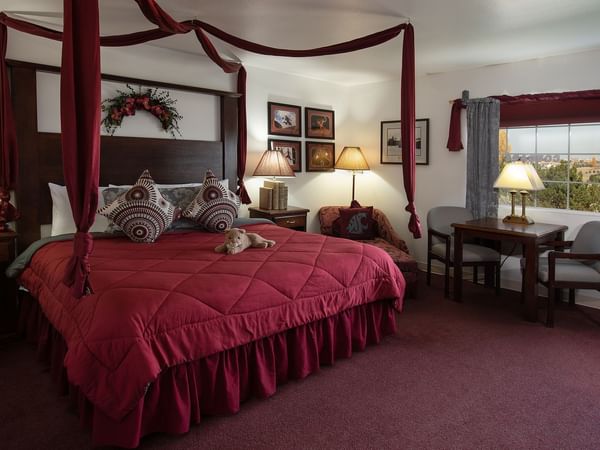 Bed in stylish hotel room with artwork