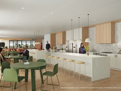 People socializing and dining at communal tables in UniLodge Brisbane City.