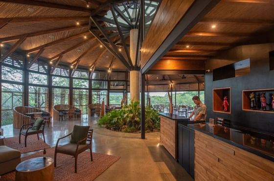 Interior of the lobby waiting area & front desk at Hotel Rio Perdido