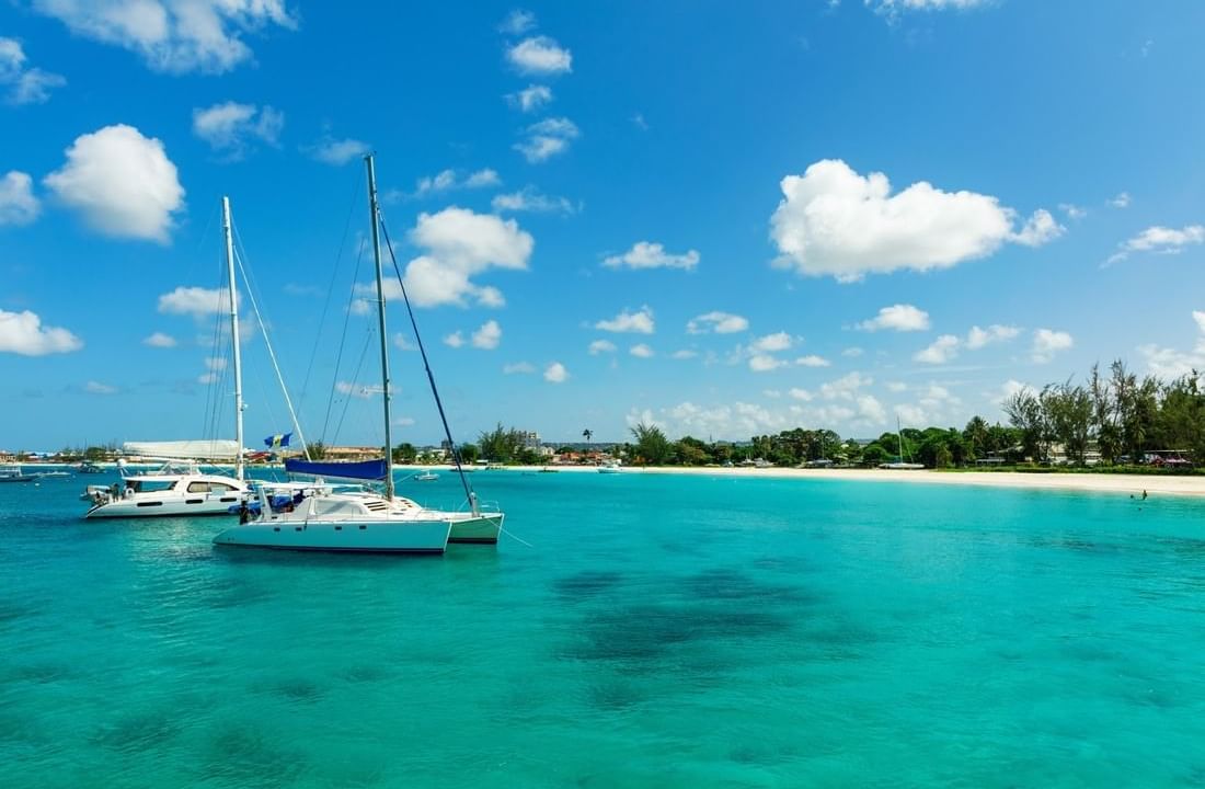 Two white catamarans anchored in crystal turquoise Caribbean waters by a white sandy beach near The Abidah Hotel
