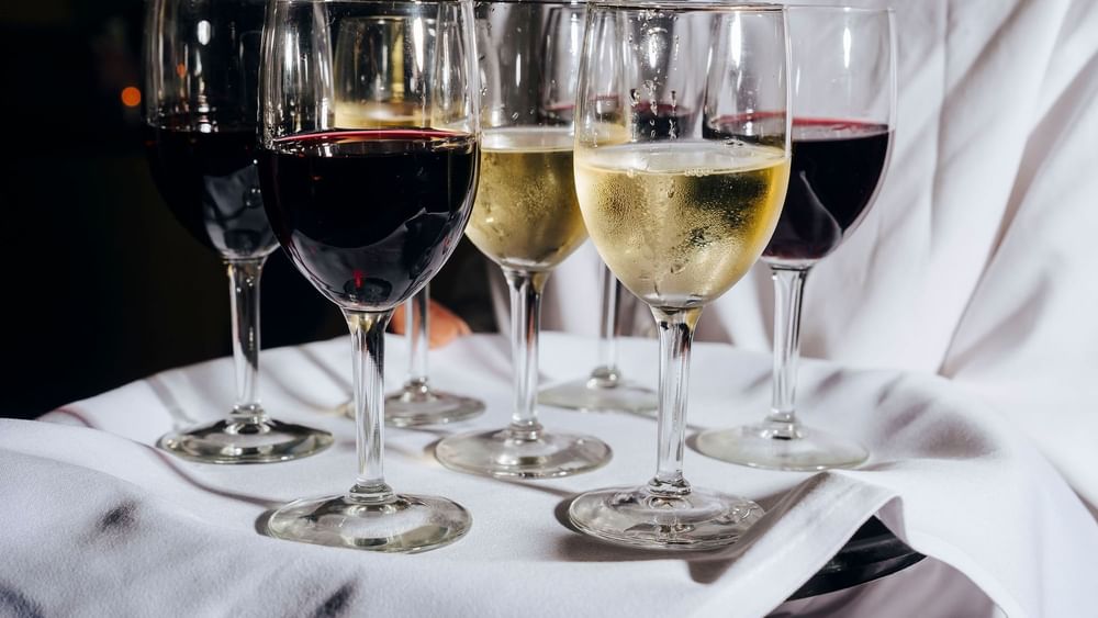 Tray holding six wine glasses with varying types of red and white wines in The Lounge at Novotel Sydney Olympic Park