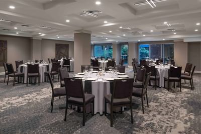 Banquet set-up in Williams Room with carpeted floors at Portland Harbor Hotel