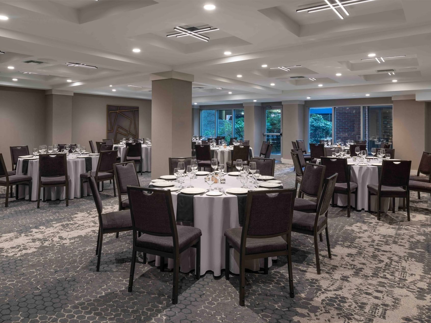 Banquet set-up in Williams Room with carpeted floors at Portland Harbor Hotel