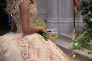 Close-up of a brides gown at Rosen Inn Universal