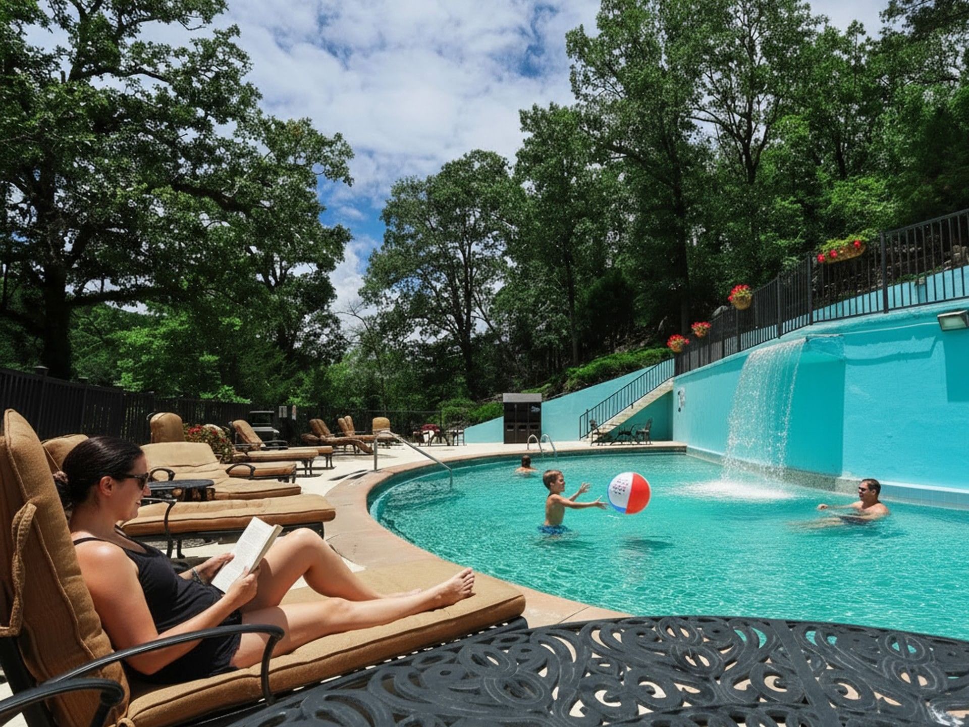 Guests relaxing and playing in the turquoise outdoor pool with a waterfall at Arlington Resort Hotel & Spa