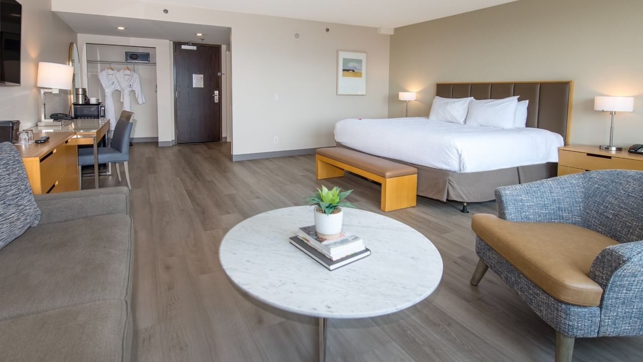 A hotel room with a bed, couch, chair, table, and desk with a potted plant on it.