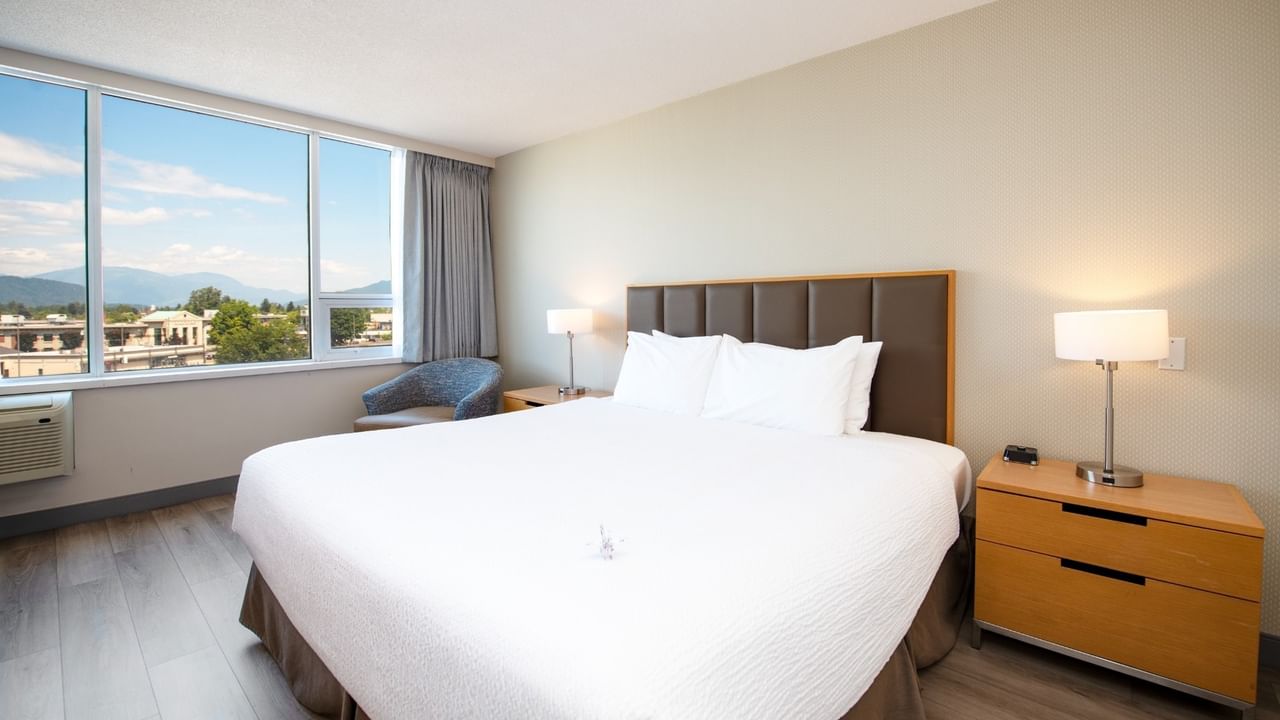 A hotel room with a large bed, two nightstands with lamps, and a city view.