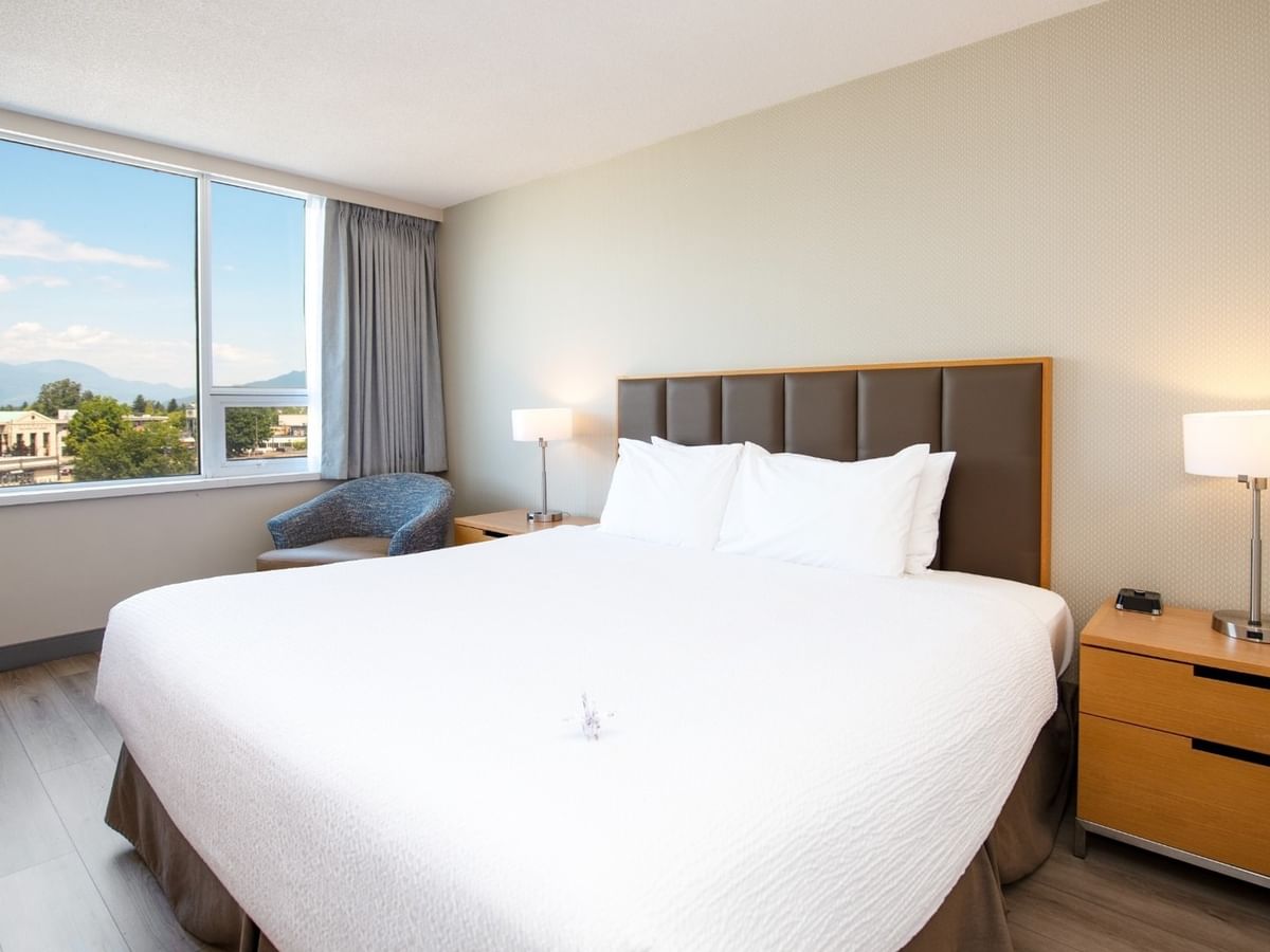 Accessible hotel room with a king bed, nightstands, and large window