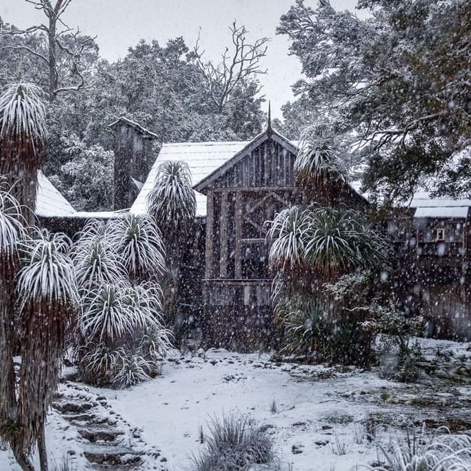 House of Gustav & Kate covered with snow near Cradle Mountain