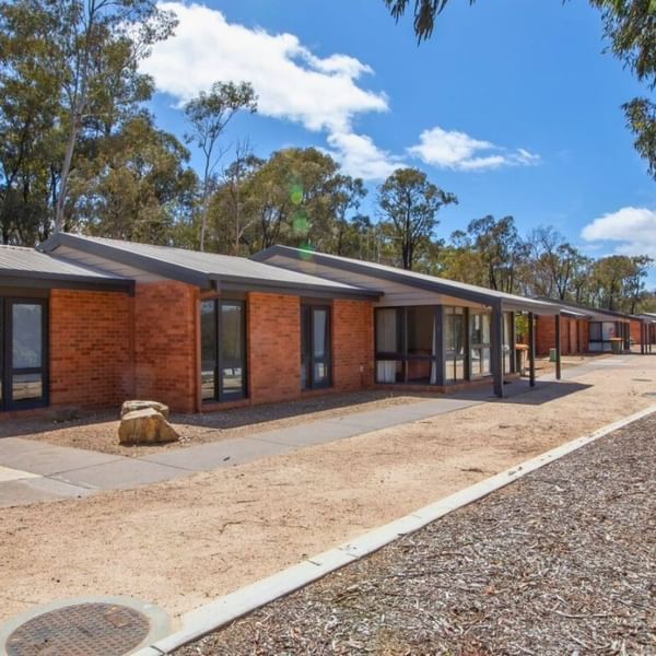 Row of modern brick Terraces with glass windows and doors at La Trobe University.