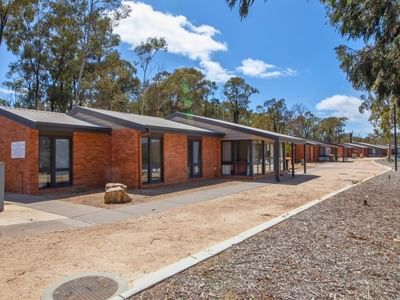Row of modern brick Terraces with glass windows and doors at La Trobe University.