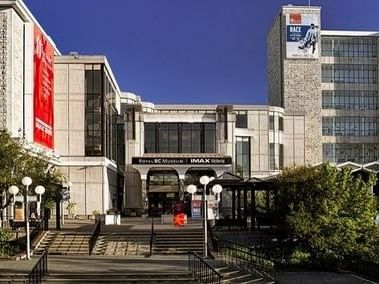 A stunning architectural shot of the Royal BC Museum and IMAX building near Embassy Inn Victoria