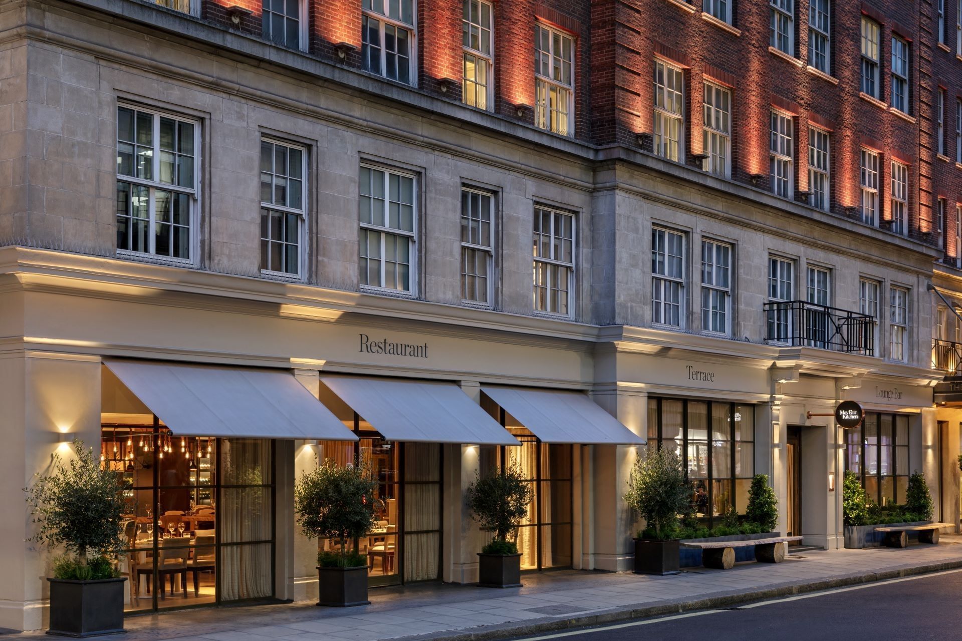 The May Fair Hotel exterior of the restaurant entrance in Mayfair, London