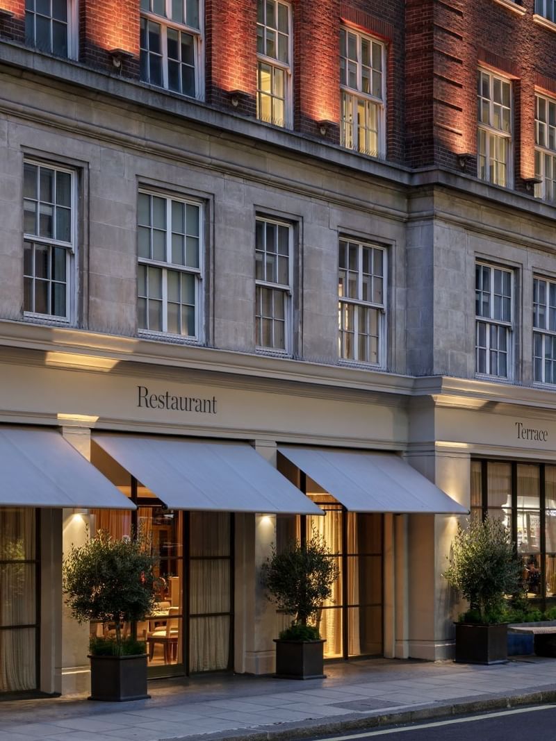 The May Fair Hotel exterior of the restaurant entrance in Mayfair, London