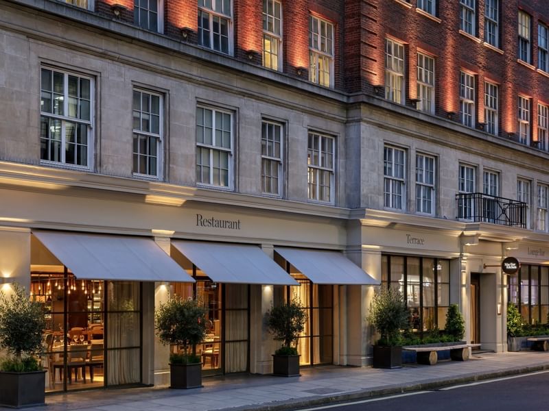 The May Fair Hotel exterior of the restaurant entrance in Mayfair, London
