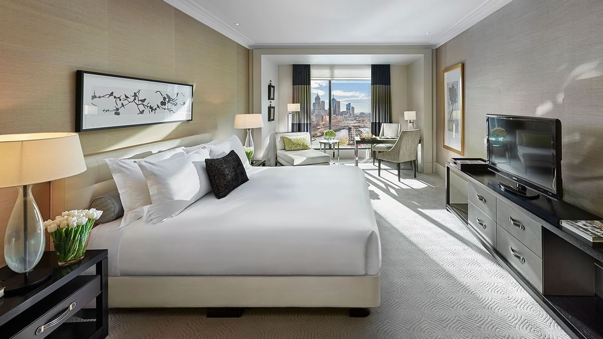 Bed & furniture in Premier King Room at Crown Hotel Melbourne