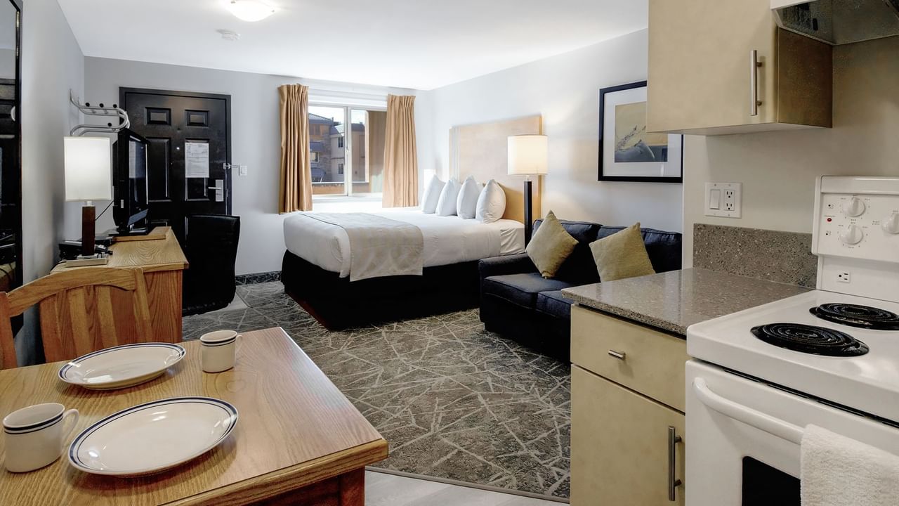 Bedroom with kitchenette and dining space