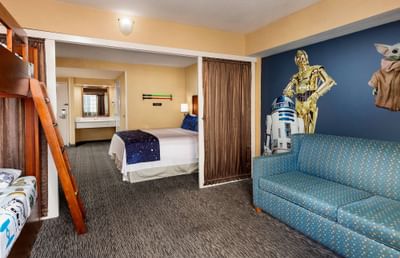 Star Wars themed lounge with bed in Galaxy Suite at Anaheim Portofino Inn & Suites