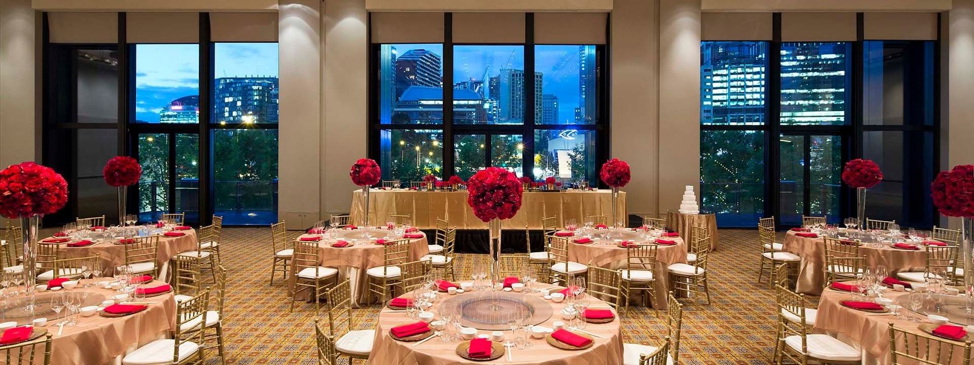 Banquet tables arranged in a hall at Crown Hotel Perth Spa