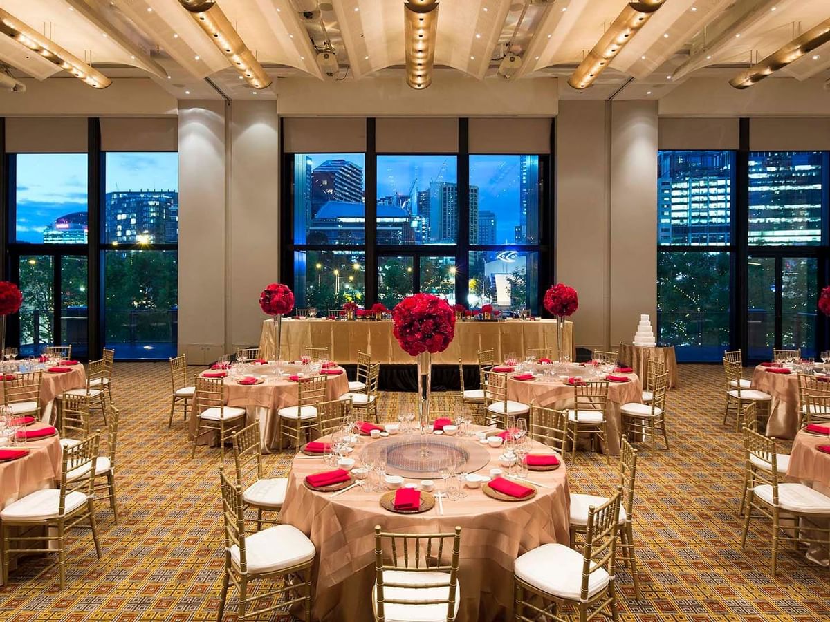 Banquet tables arranged in a hall at Crown Hotel Perth Spa