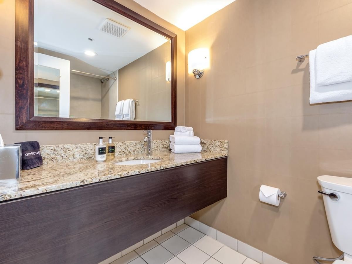 Bathroom with vanity, mirror, towels, toilet, and hairdryer, all arranged neatly.