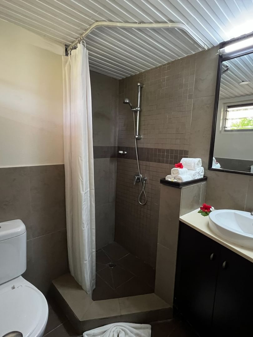 Tiled walk-in shower by a white toilet and vanity under a rectangular mirror at Warwick Hotels & Resorts