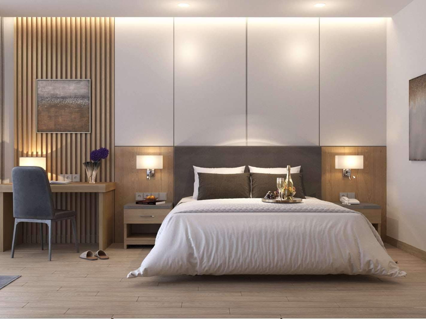 Luxury bed and working desk in Room at Eastin Hotels