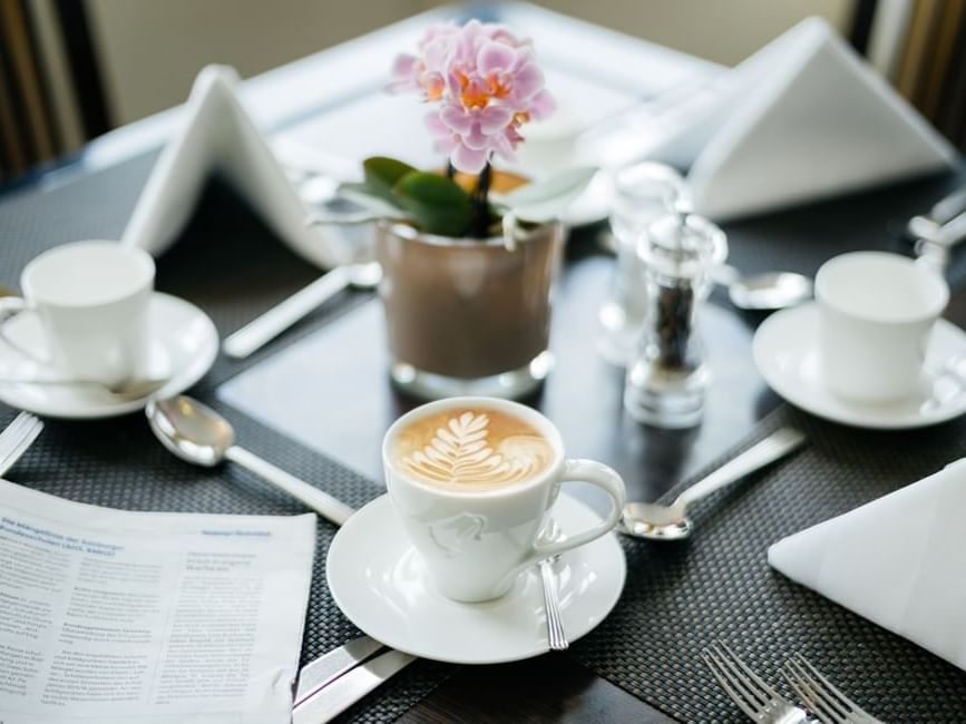 Closeup of a cup of Cappuccino served at Schloss Hotel Pichlarn