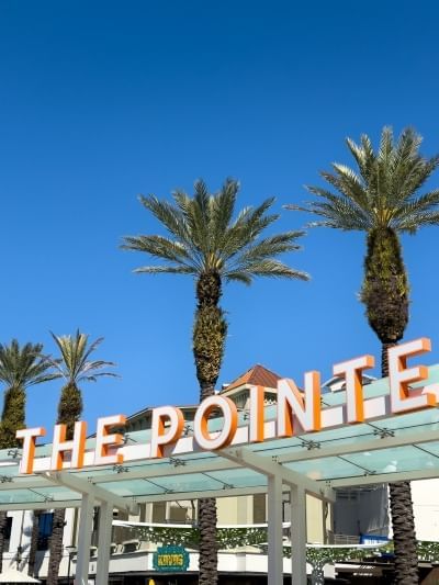 An awning with a sign reading THE POINTE stands in front of palm trees and blue sky.