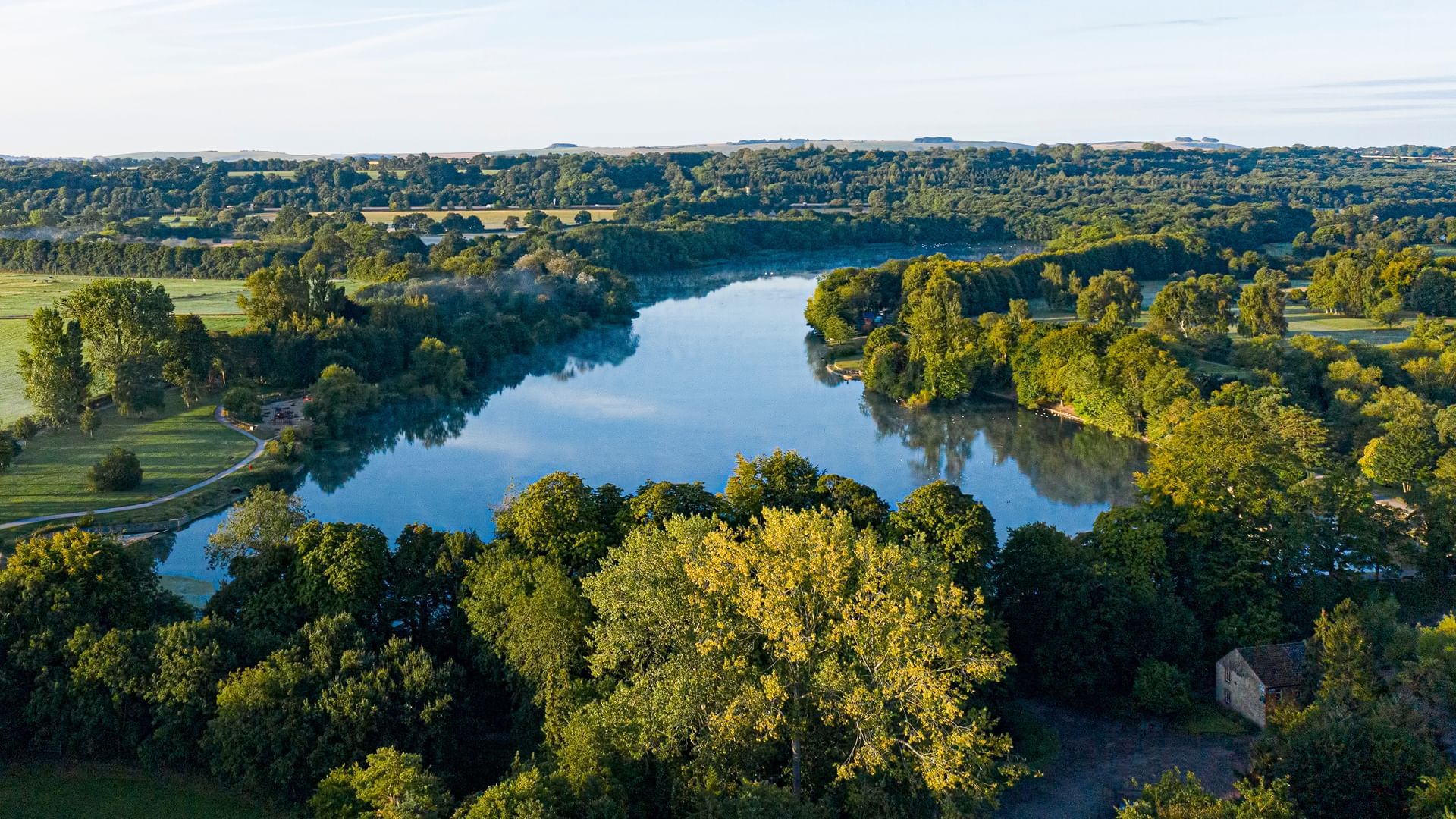 Aerial view of coate water country park near Hotel Swindon