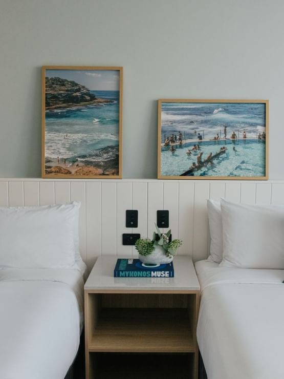 Village Twin at Elysium Manly, featuring white linen beds by a central nightstand, a top choice for Manly accommodation
