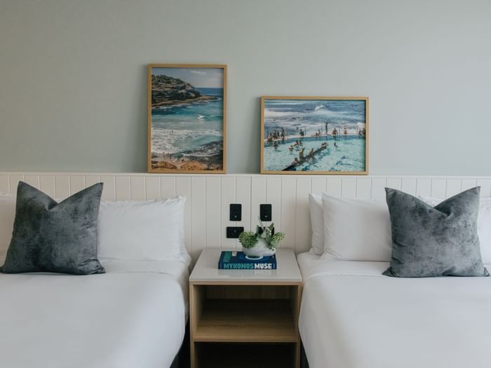 Village Twin at Elysium Manly, featuring white linen beds by a central nightstand, a top choice for Manly accommodation
