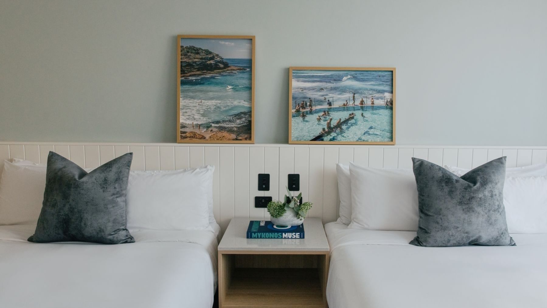 Village Twin at Elysium Manly, featuring white linen beds by a central nightstand, a top choice for Manly accommodation