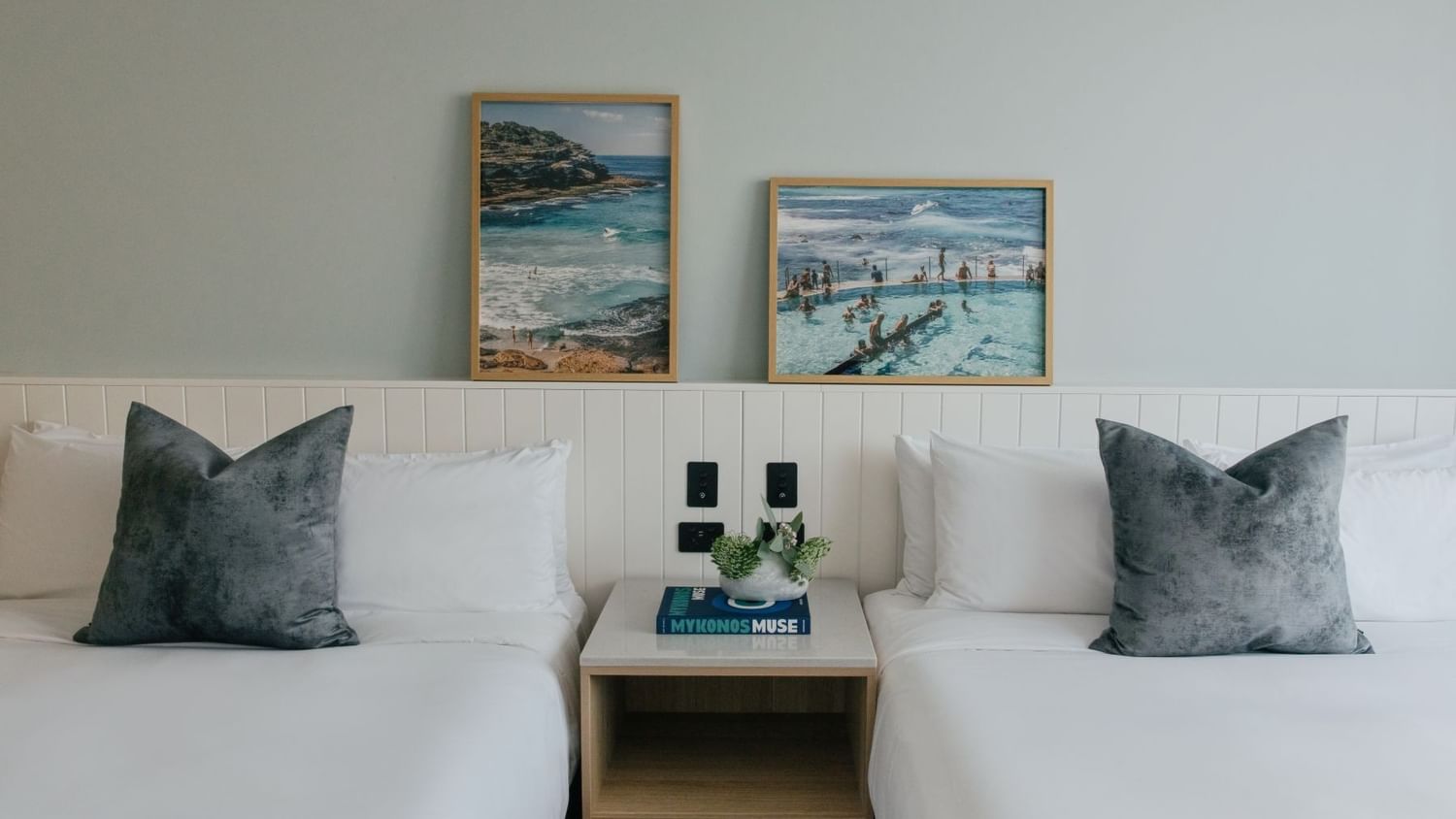 Village Twin at Elysium Manly, featuring white linen beds by a central nightstand, a top choice for Manly accommodation