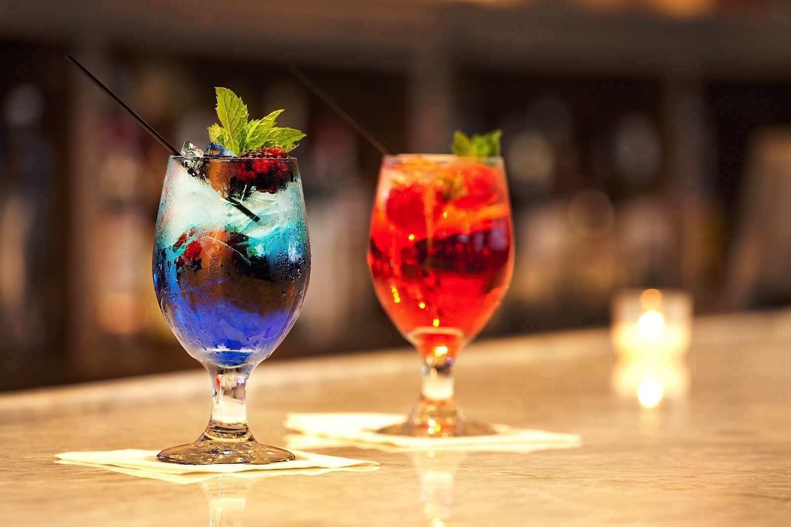 Closeup of two cocktails served on bar counter at Ocean Place